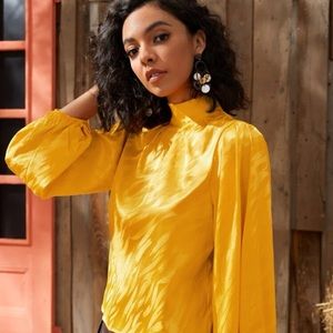 SHEIN Mock Neck Lantern Sleeve Fold Pleated Top